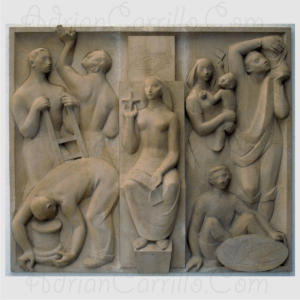 Mural semireligioso de personas trabajando y una mujer semidesnuda en el centro de la imagen